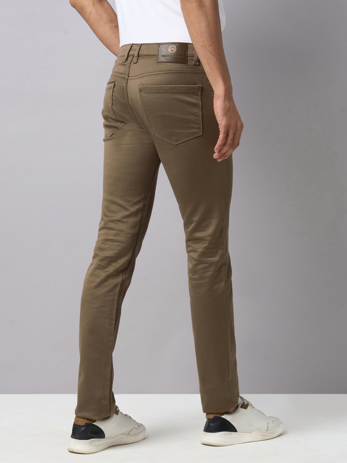 Cotton Stretch Khaki Plain Narrow Fit Flat Front Casual Jeans