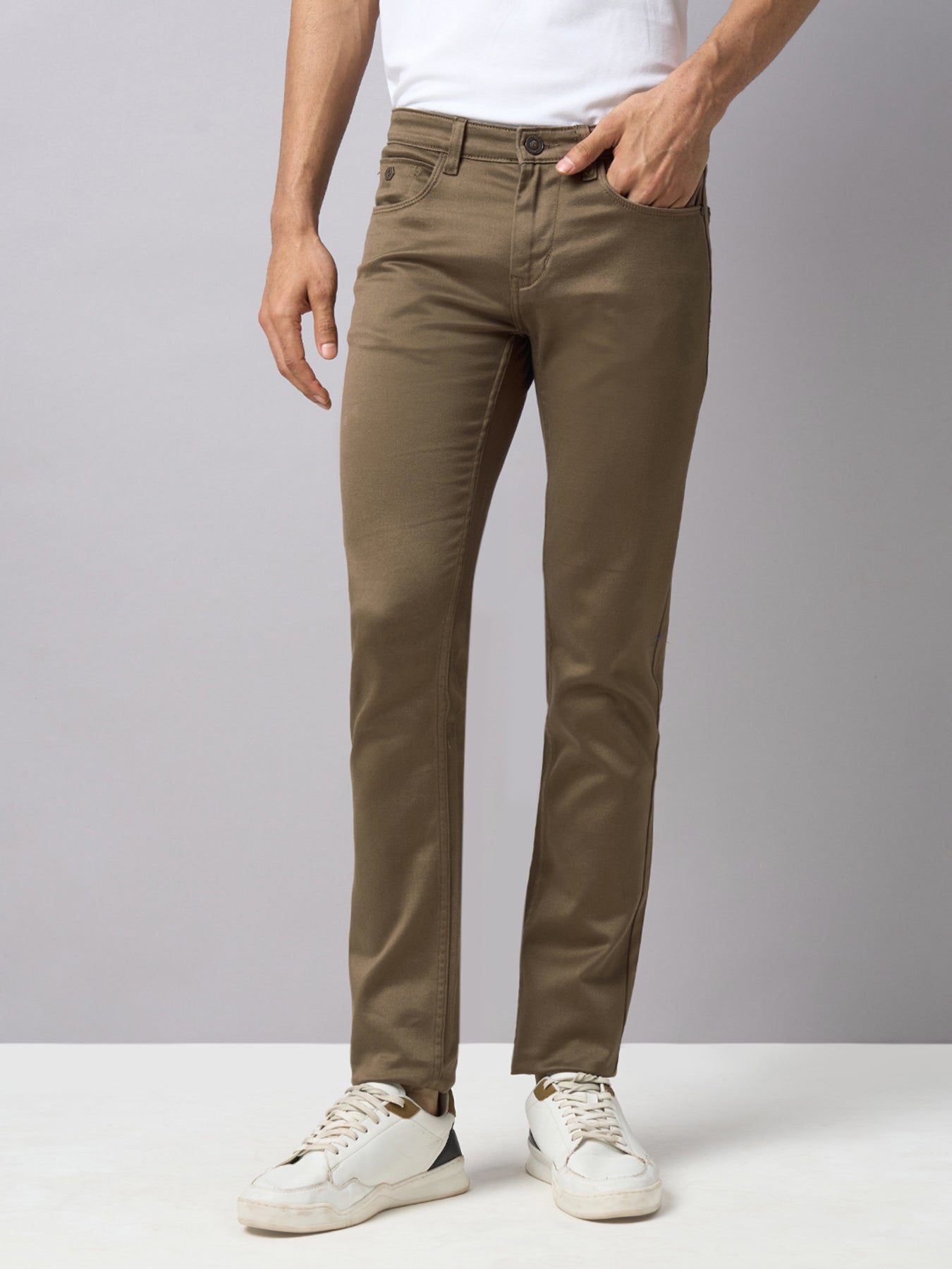 Cotton Stretch Khaki Plain Narrow Fit Flat Front Casual Jeans