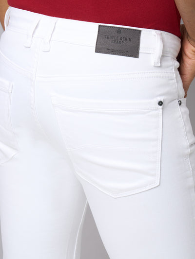 Cotton Stretch White Plain Narrow Fit Flat Front Casual Jeans