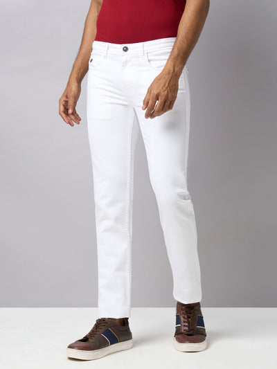 Cotton Stretch White Plain Narrow Fit Flat Front Casual Jeans