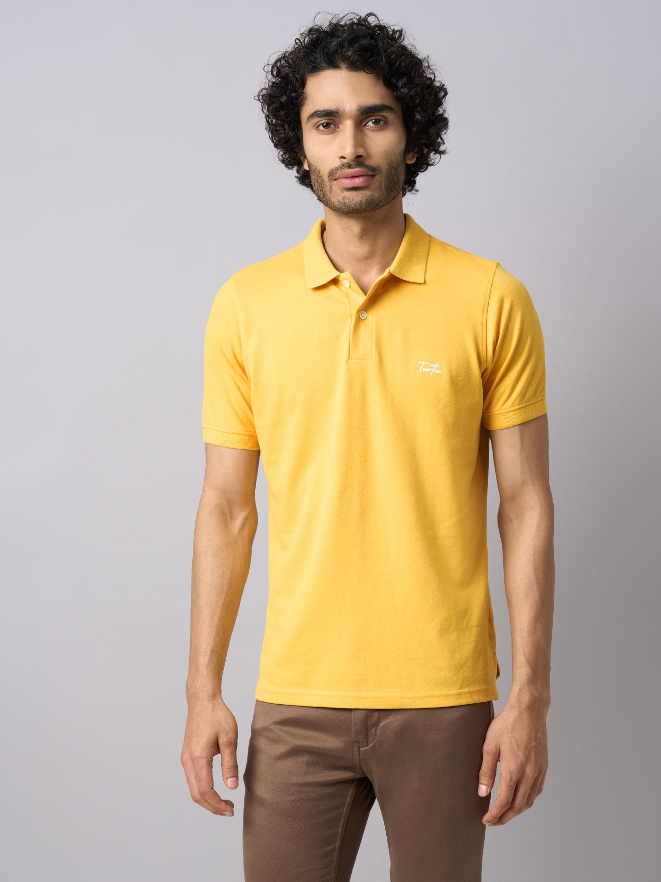 Cotton Stretch Yellow Plain Polo Neck Half Sleeve Casual T-Shirt