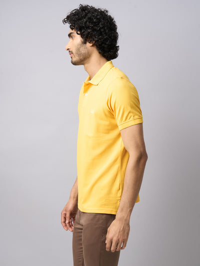 Cotton Stretch Yellow Plain Polo Neck Half Sleeve Casual T-Shirt