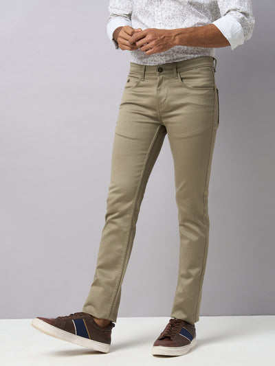 Cotton Stretch Light Olive Plain Narrow Fit Flat Front Casual Jeans