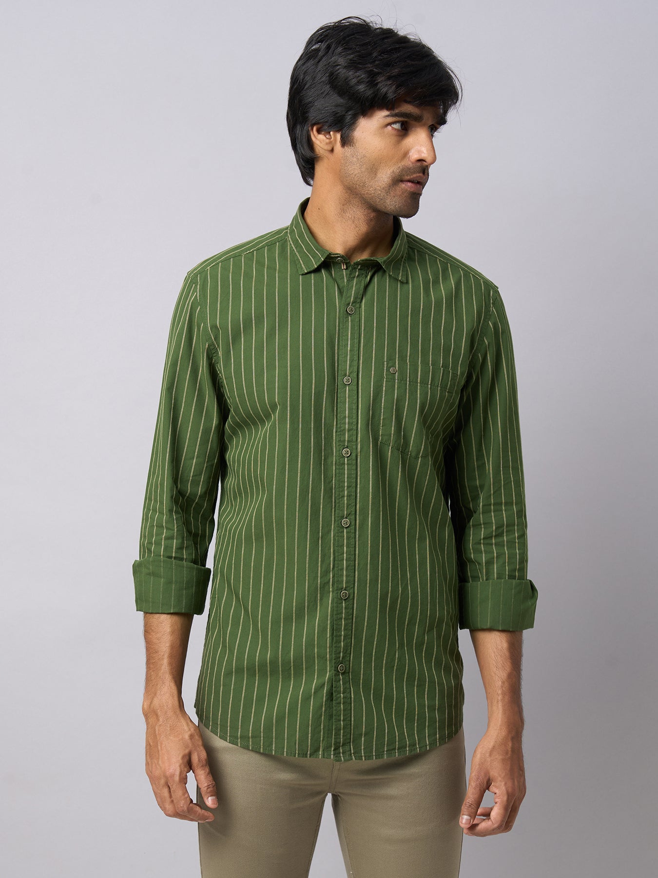 100% Cotton Olive Green Striped Slim Fit Full Sleeve Casual Shirt