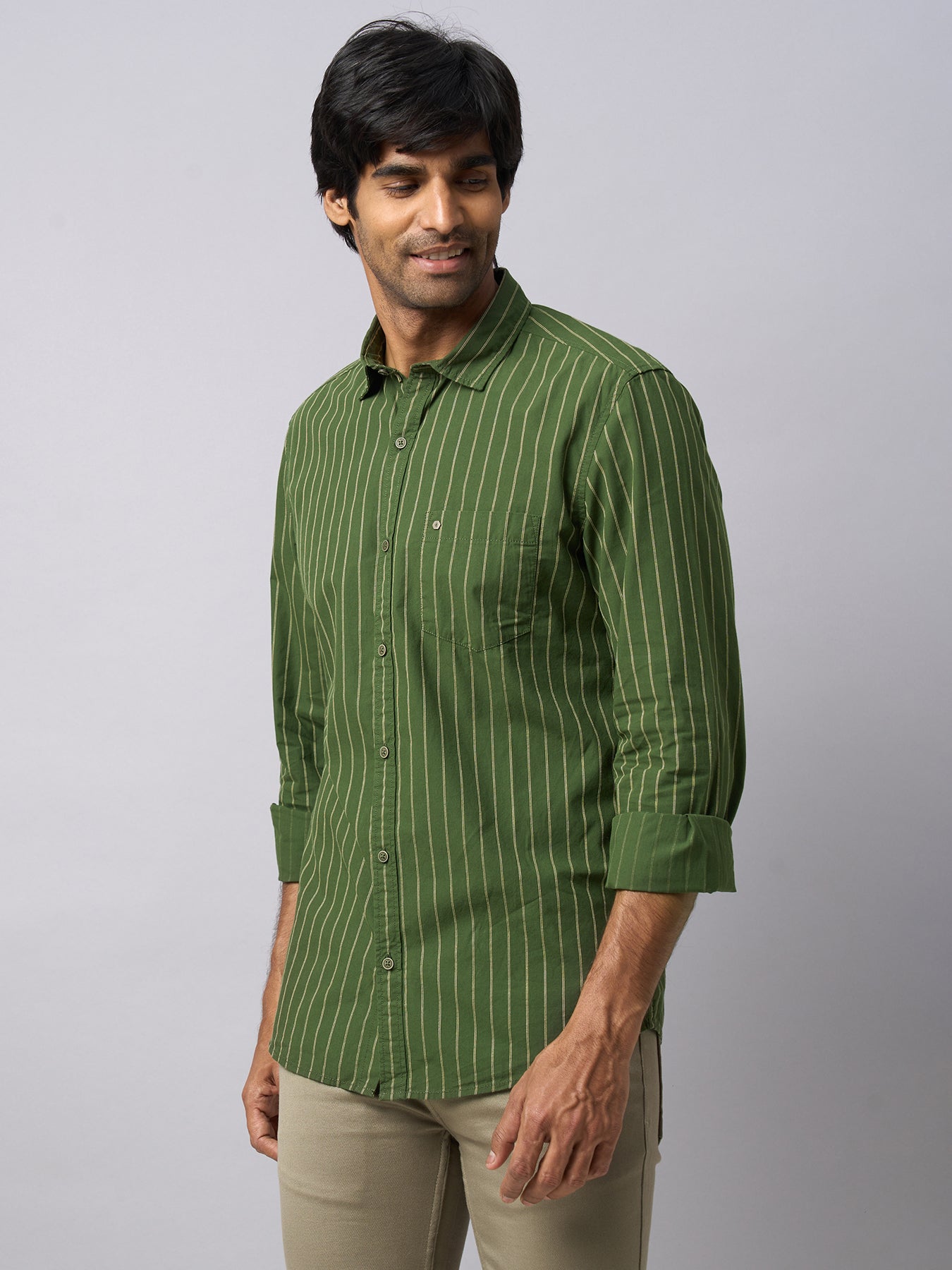 100% Cotton Olive Green Striped Slim Fit Full Sleeve Casual Shirt