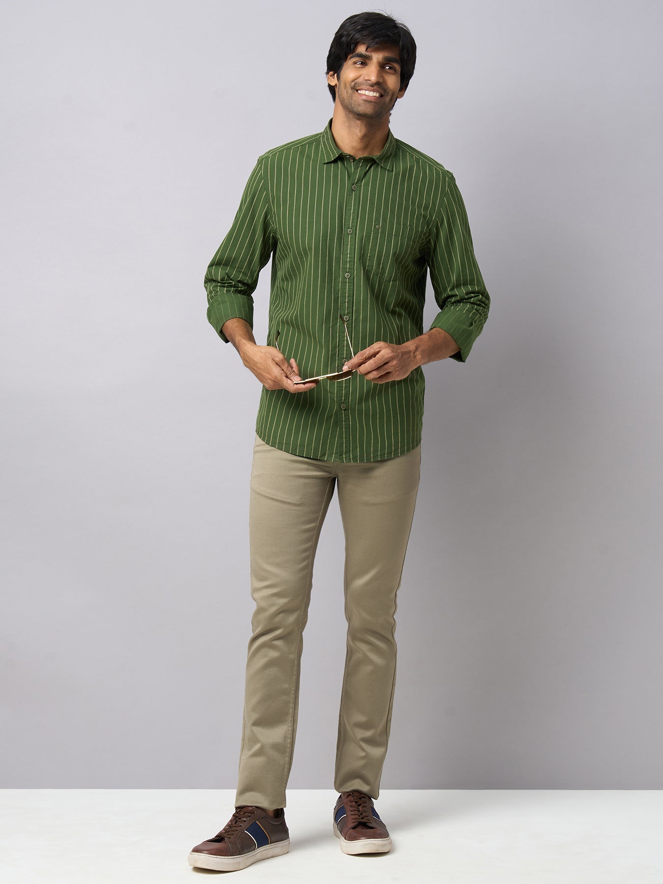 100% Cotton Olive Green Striped Slim Fit Full Sleeve Casual Shirt