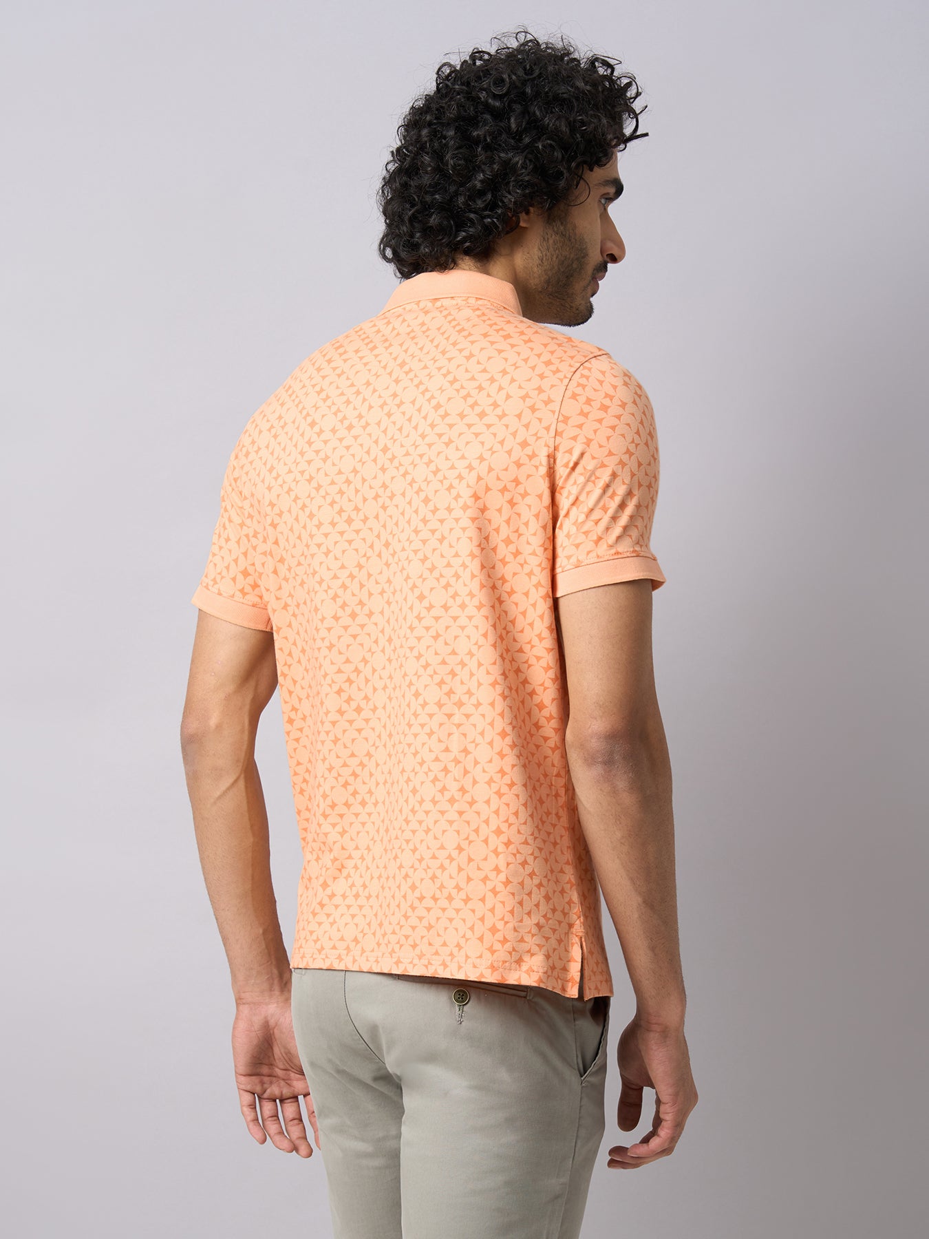 Cotton Stretch Orange Printed Polo Neck Half Sleeve Casual T-Shirt