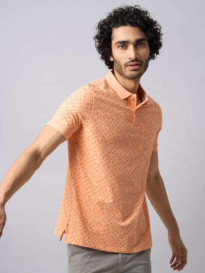Cotton Stretch Orange Printed Polo Neck Half Sleeve Casual T-Shirt