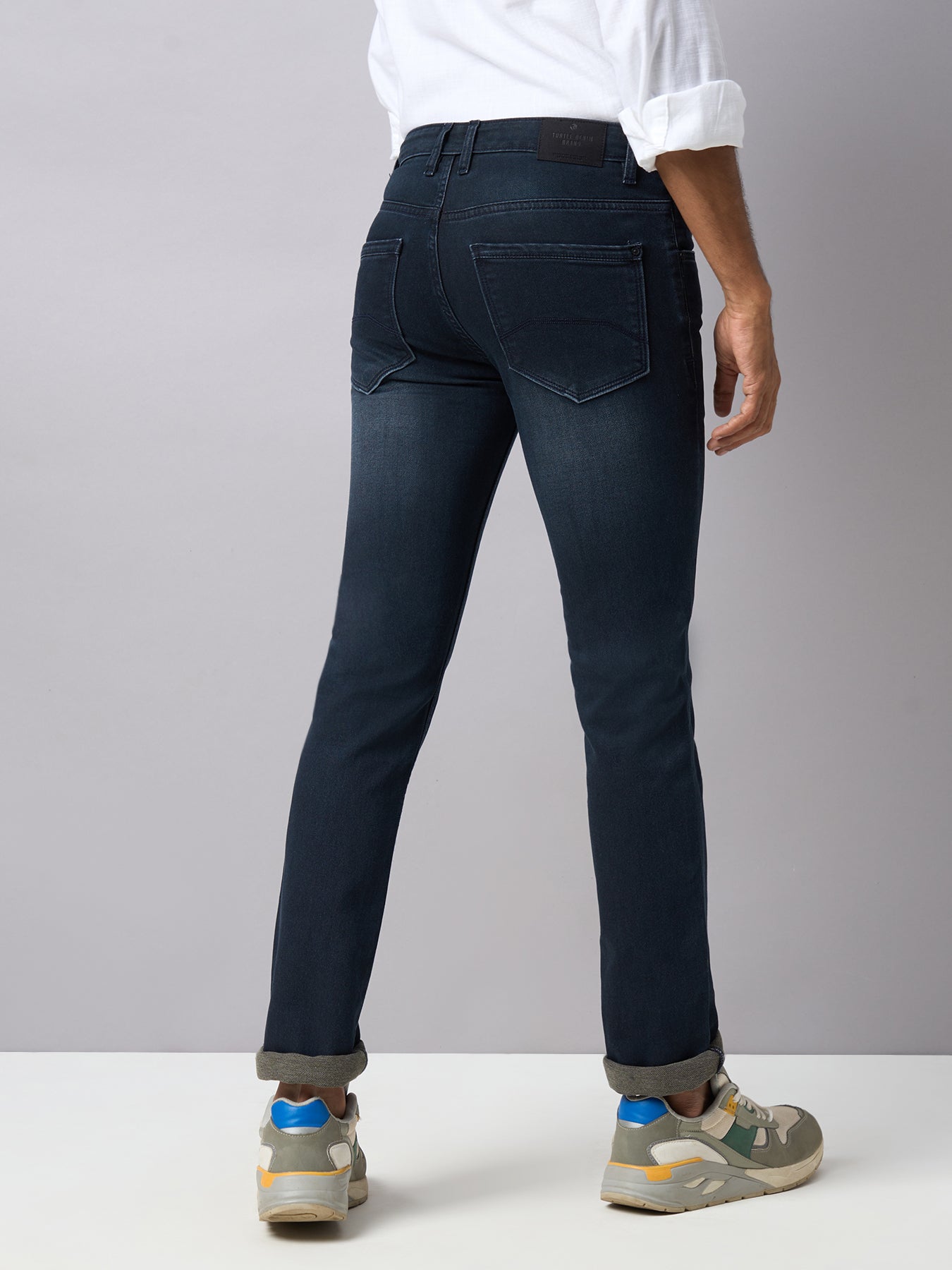 Cotton Stretch Navy Blue Plain Narrow Fit Flat Front Casual Jeans