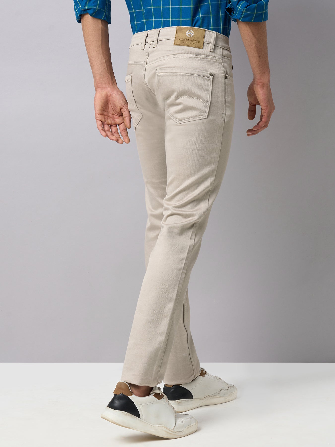 Cotton Stretch Beige Plain Narrow Fit Flat Front Casual Jeans