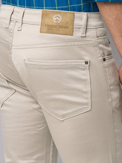 Cotton Stretch Beige Plain Narrow Fit Flat Front Casual Jeans