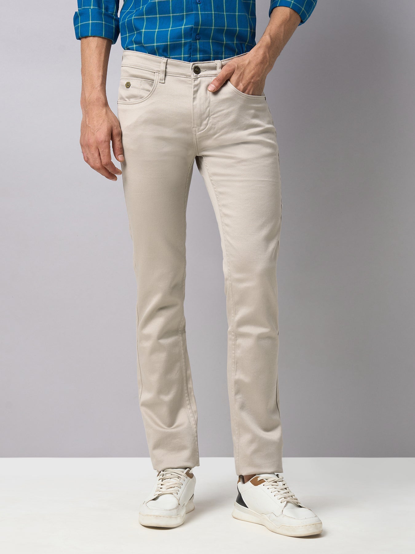 Cotton Stretch Beige Plain Narrow Fit Flat Front Casual Jeans