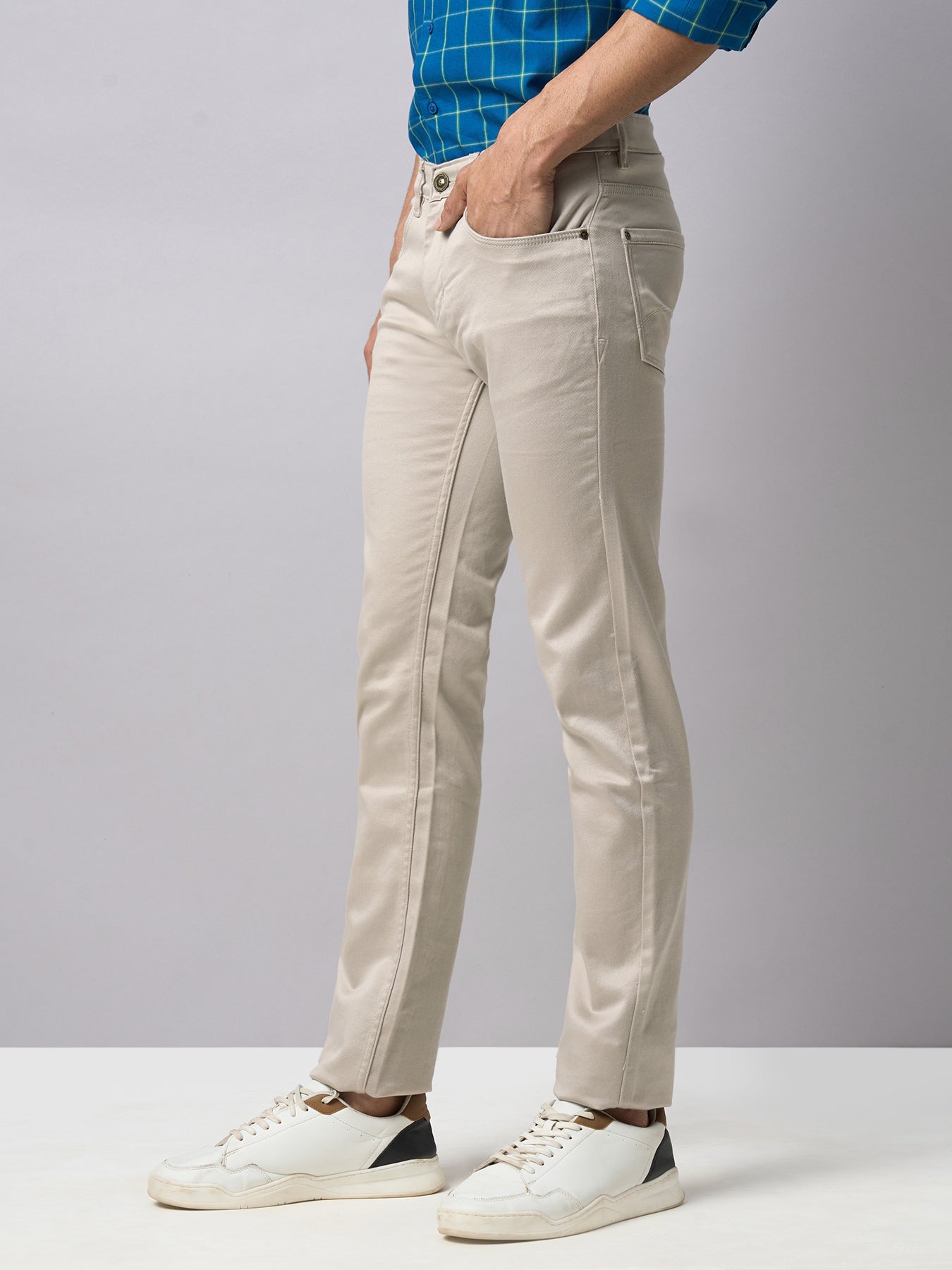 Cotton Stretch Beige Plain Narrow Fit Flat Front Casual Jeans