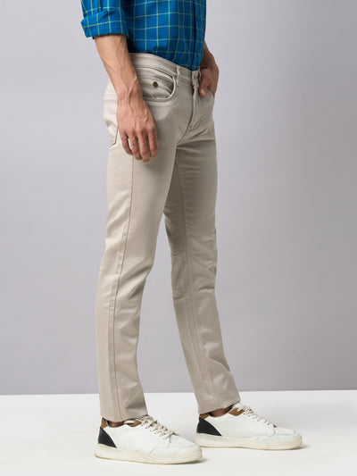 Cotton Stretch Beige Plain Narrow Fit Flat Front Casual Jeans