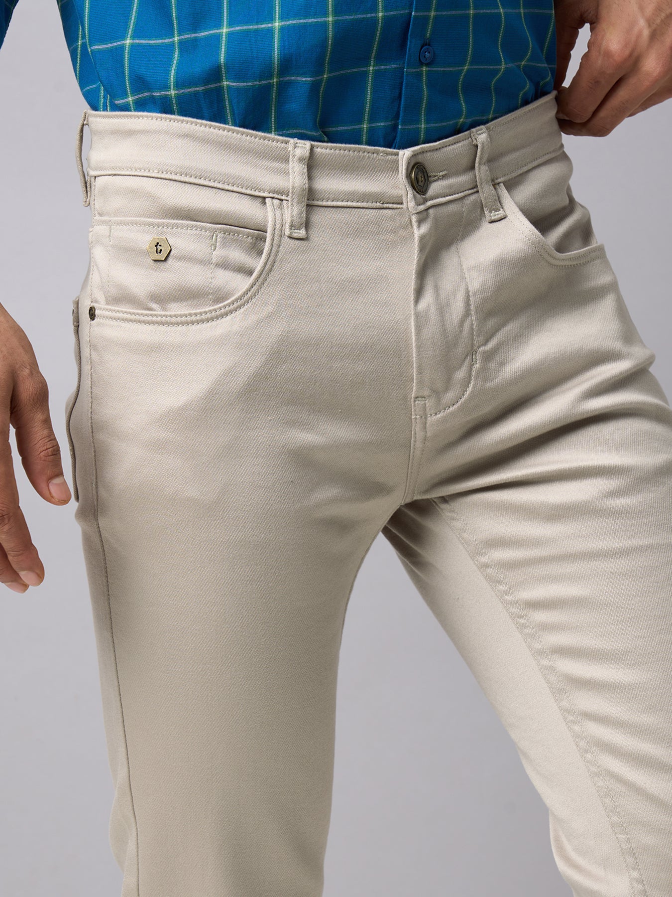 Cotton Stretch Beige Plain Narrow Fit Flat Front Casual Jeans