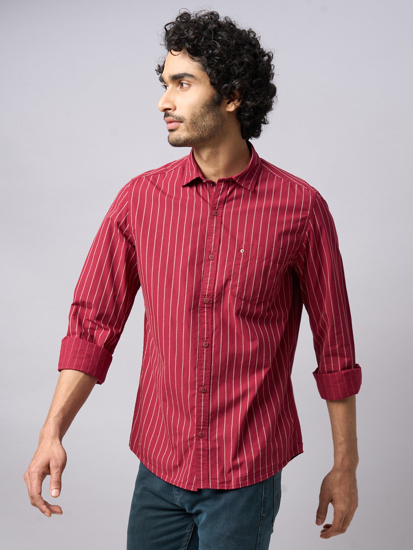 100% Cotton Maroon Striped Slim Fit Full Sleeve Casual Shirt