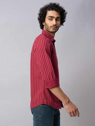 100% Cotton Maroon Striped Slim Fit Full Sleeve Casual Shirt