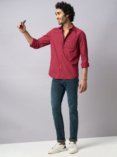 100% Cotton Maroon Striped Slim Fit Full Sleeve Casual Shirt