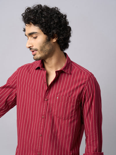 100% Cotton Maroon Striped Slim Fit Full Sleeve Casual Shirt