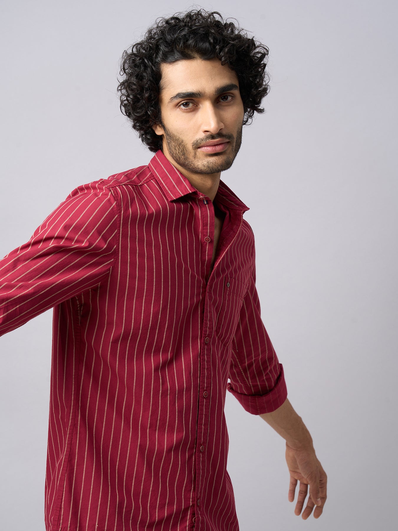 100% Cotton Maroon Striped Slim Fit Full Sleeve Casual Shirt