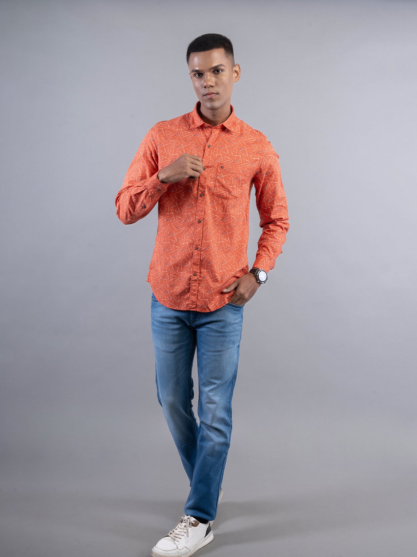 100% Cotton Orange Printed Slim Fit Full Sleeve Casual Shirt