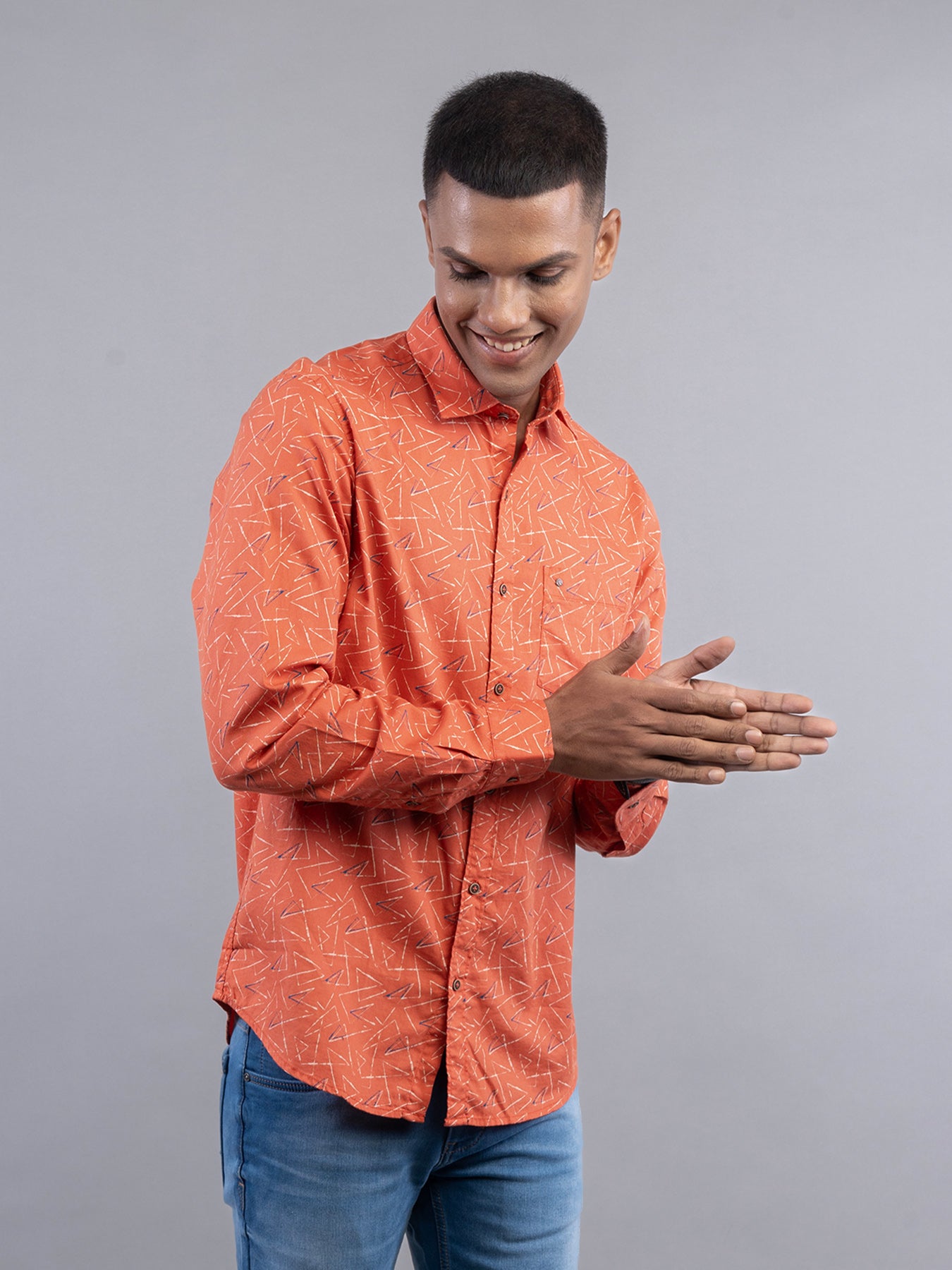 100% Cotton Orange Printed Slim Fit Full Sleeve Casual Shirt