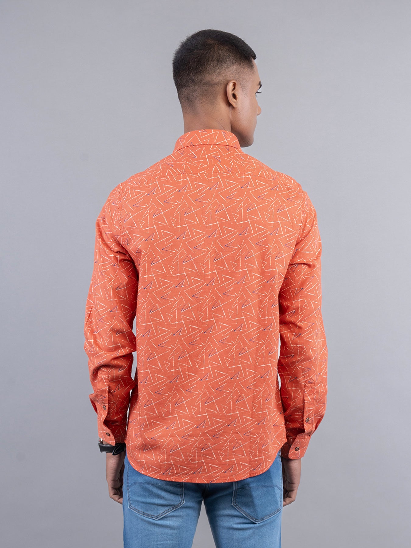 100% Cotton Orange Printed Slim Fit Full Sleeve Casual Shirt