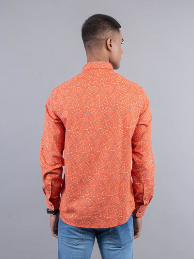 100% Cotton Orange Printed Slim Fit Full Sleeve Casual Shirt