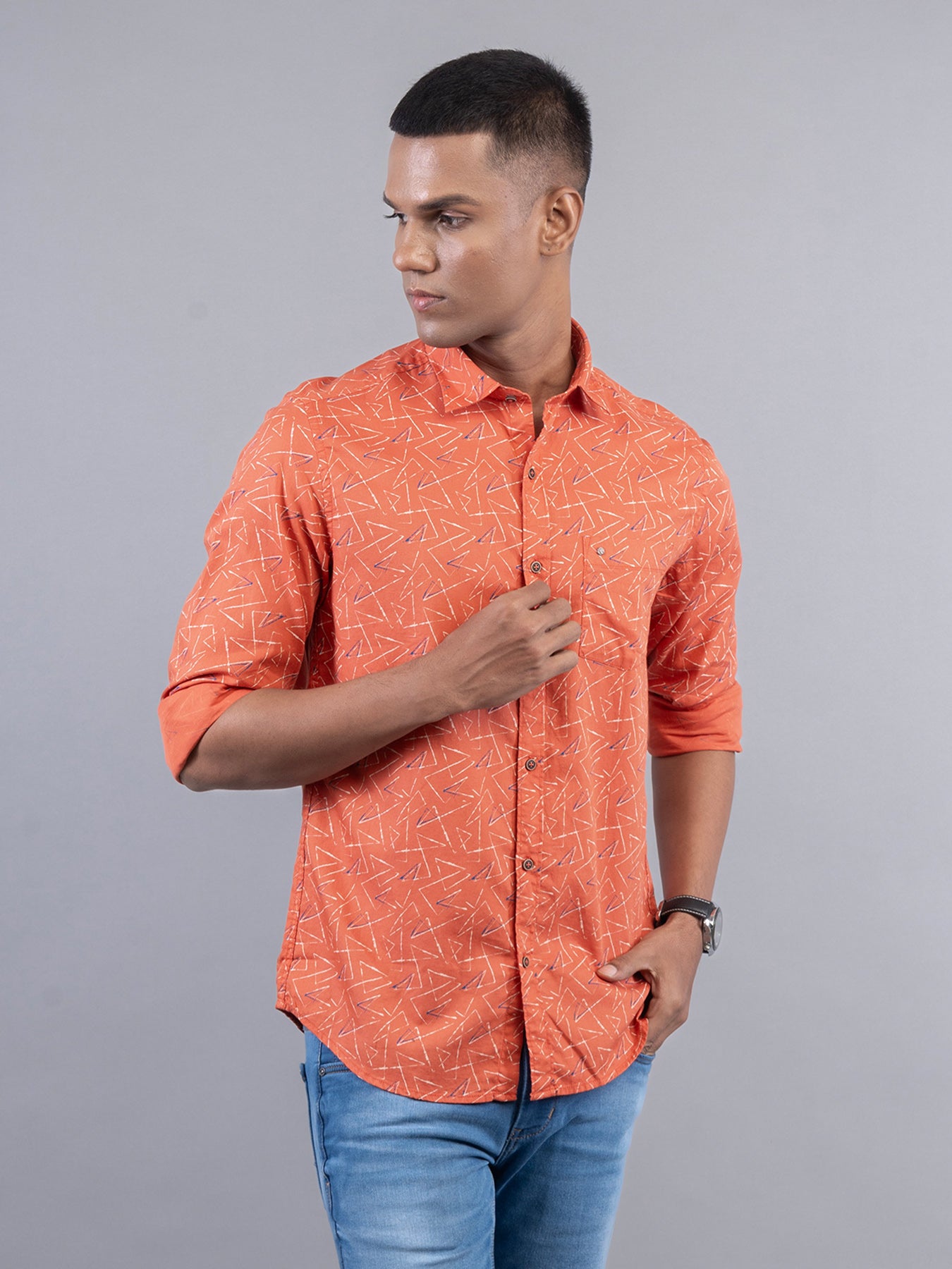 100% Cotton Orange Printed Slim Fit Full Sleeve Casual Shirt