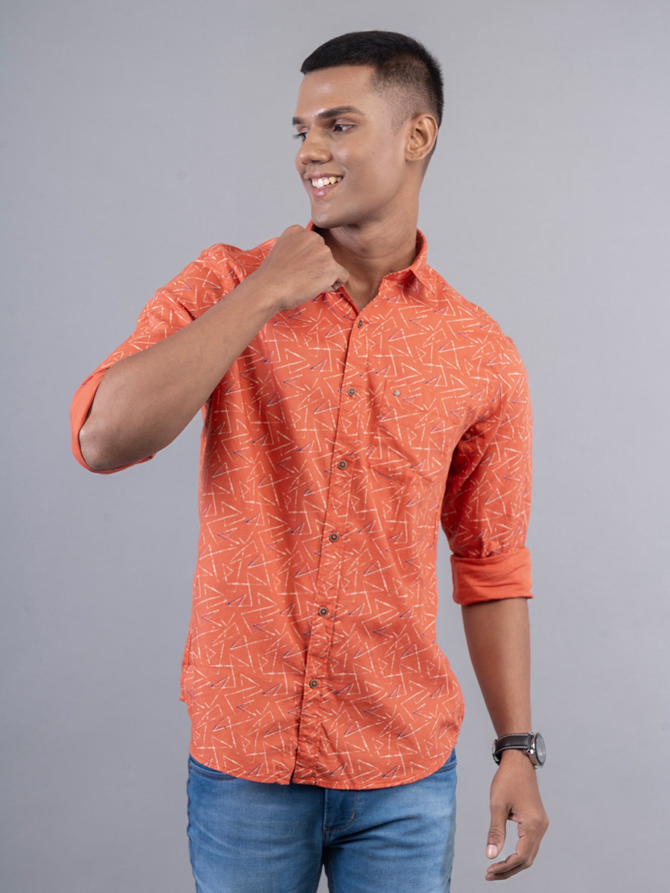 100% Cotton Orange Printed Slim Fit Full Sleeve Casual Shirt