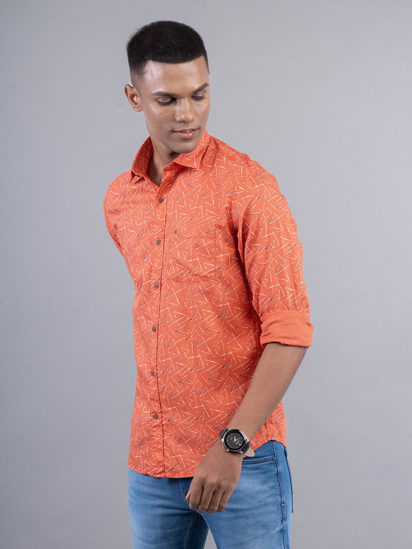 100% Cotton Orange Printed Slim Fit Full Sleeve Casual Shirt