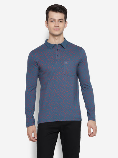 Printed Maroon & Navy Blue Polo Neck Men Full Sleeve T-Shirt for Men