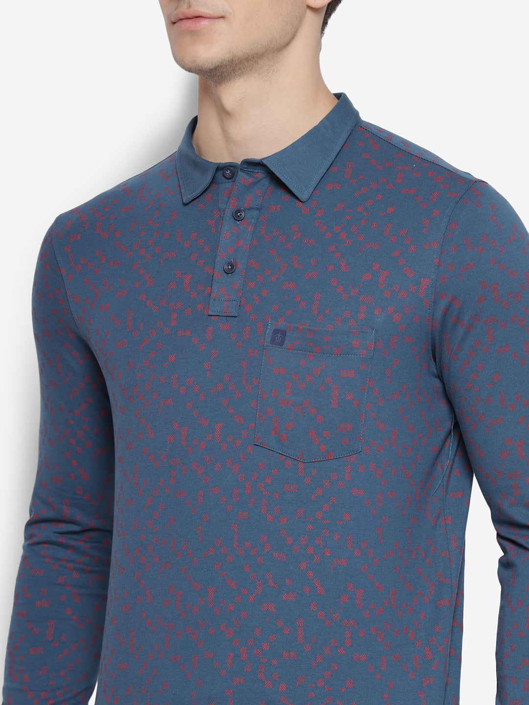 Printed Maroon & Navy Blue Polo Neck Men Full Sleeve T-Shirt for Men