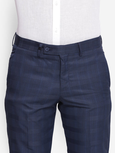 Checked Navy Blue Slim Fit Formal Trouser