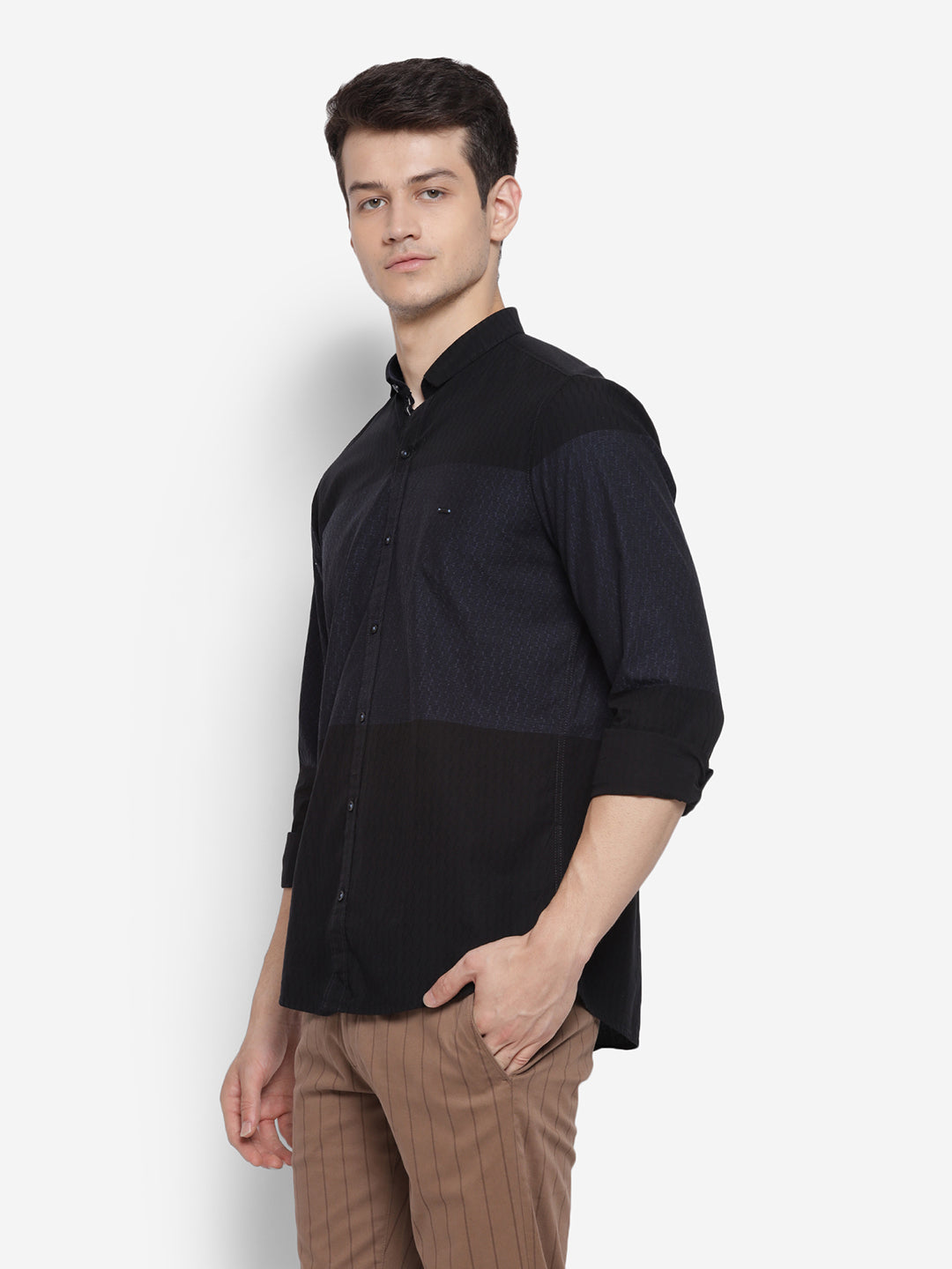 Self Design Black Slim Fit Casual Shirt