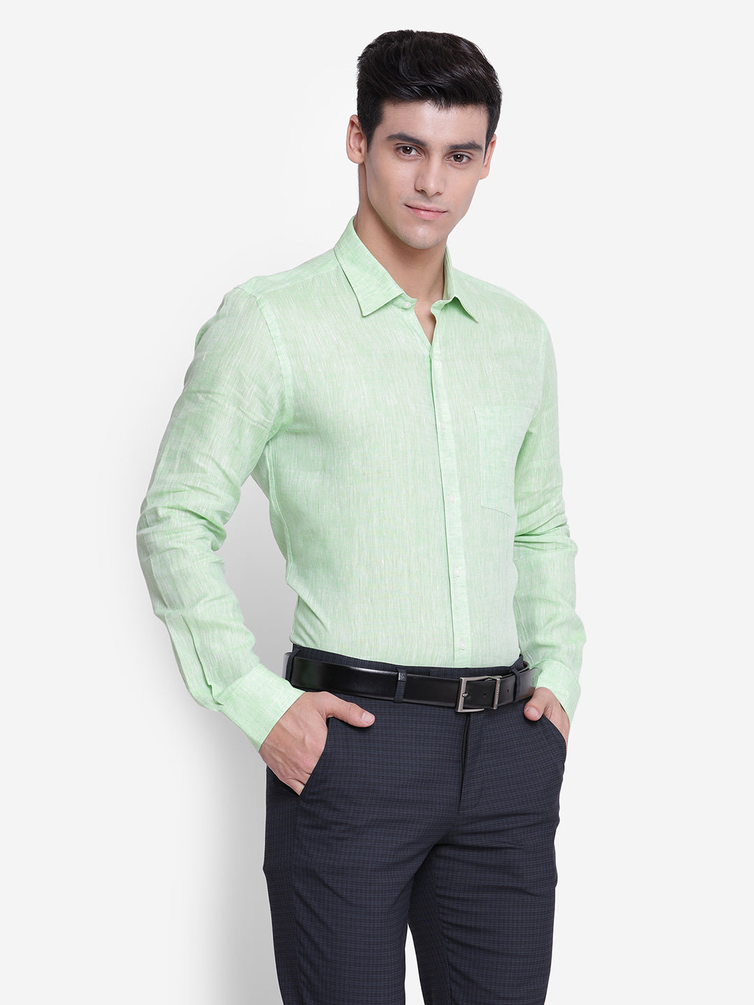 Light Green Linen Solid Slim Fit Shirt