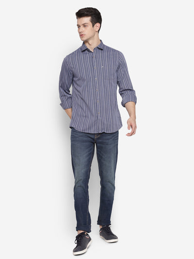 Striped Blue Slim Fit Causal Shirt