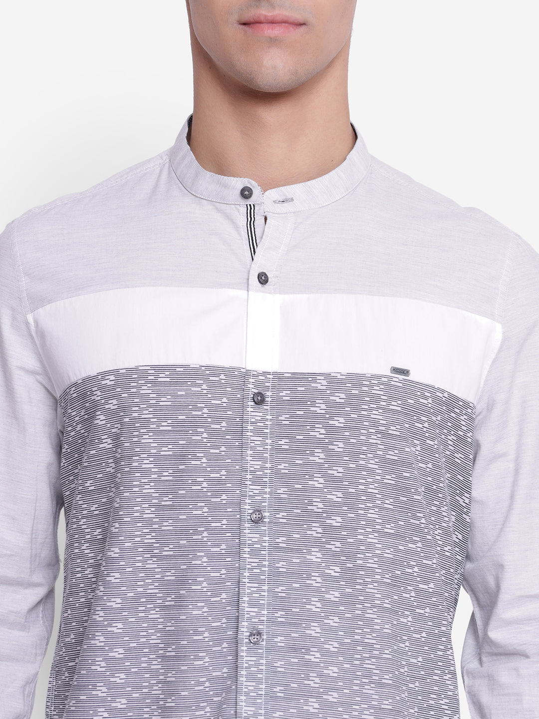 Self Design White & Grey Slim Fit Band Collar Casual Shirt