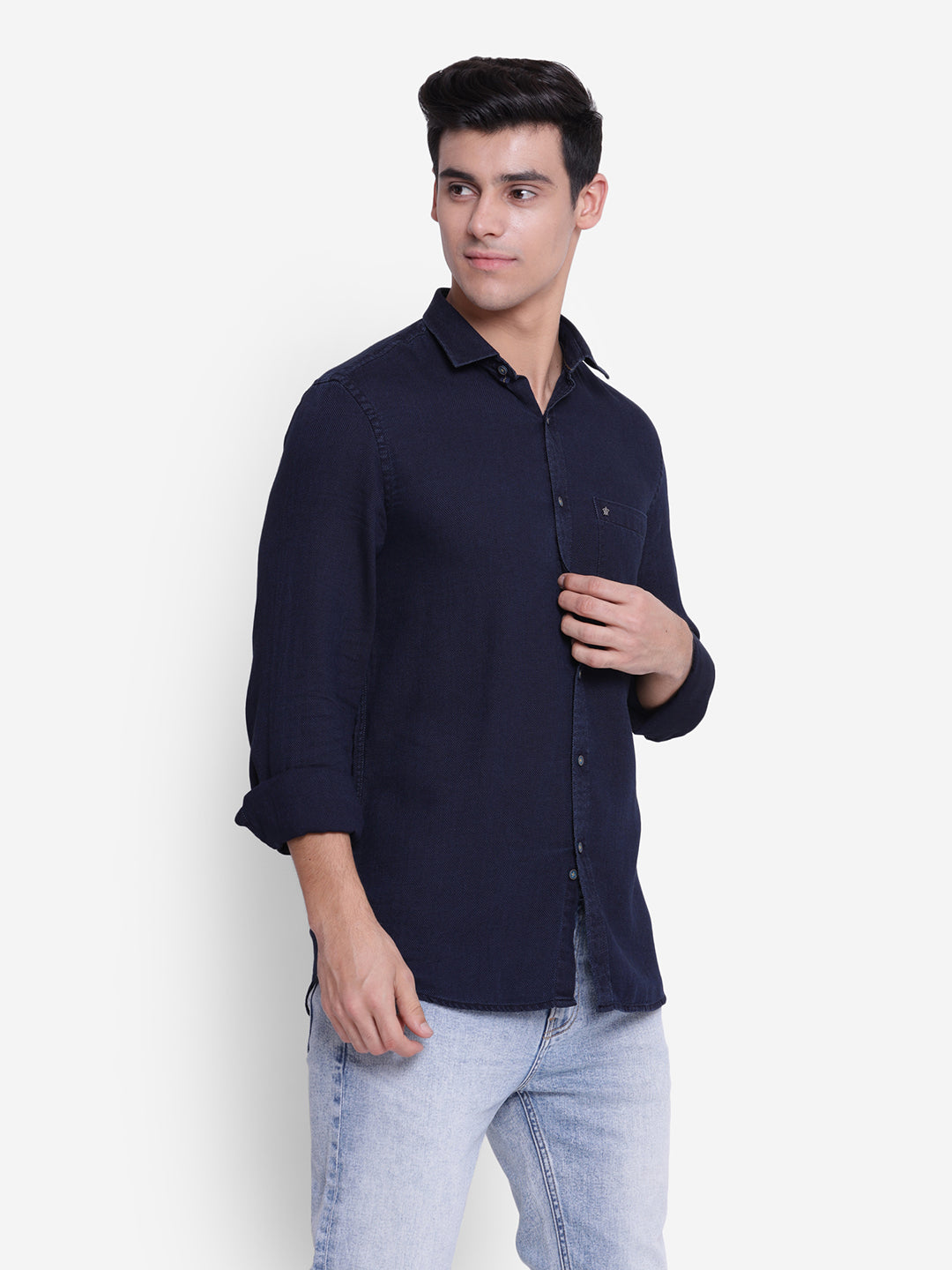 Solid Navy Blue Slim Fit Causal Shirt