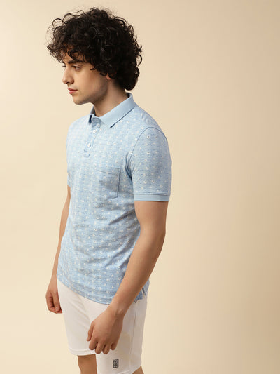 Cotton Stretch Blue Printed Half Sleeve Casual T-Shirt