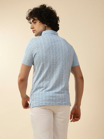 Cotton Stretch Blue Printed Half Sleeve Casual T-Shirt