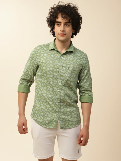Cotton Green Floral Printed Full Sleeve Casual Shirt