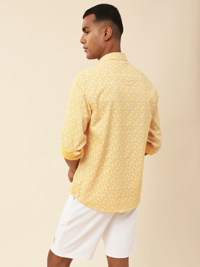 Cotton Yellow Floral Printed Full Sleeve Casual Shirt