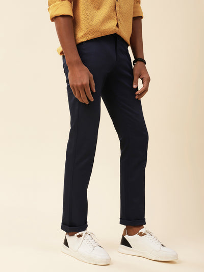Cotton Stretch Solid Navy Blue Flat Front Casual Trouser