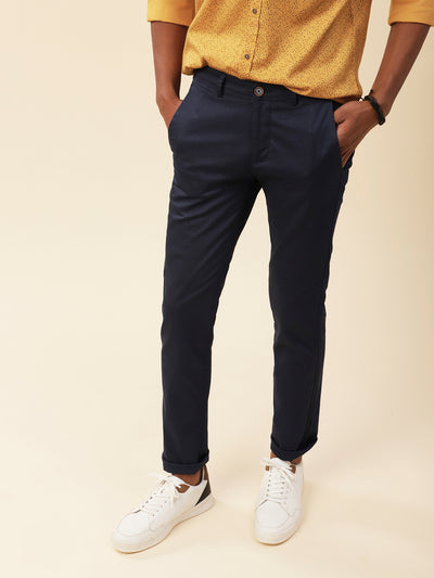 Cotton Stretch Solid Navy Blue Flat Front Casual Trouser