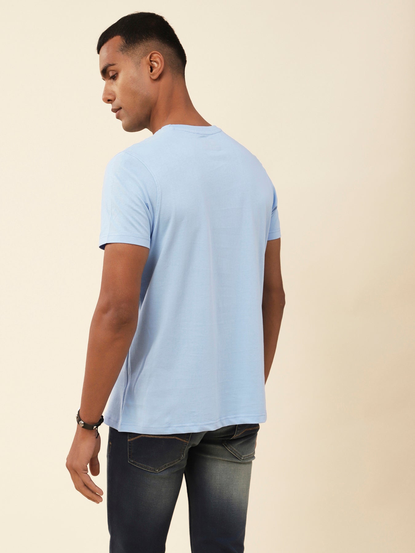 Knitted Blue Plain Half Sleeve Casual T-Shirt