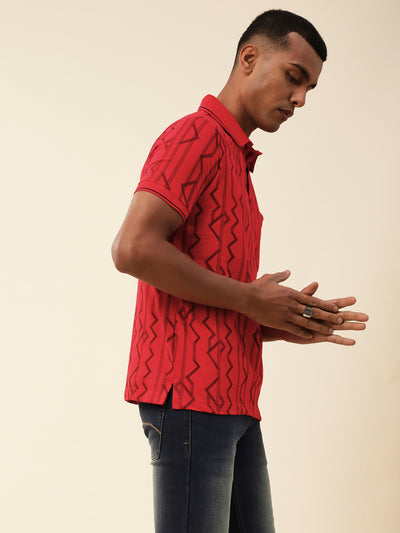Cotton Stretch Red Printed Half Sleeve Casual T-Shirt