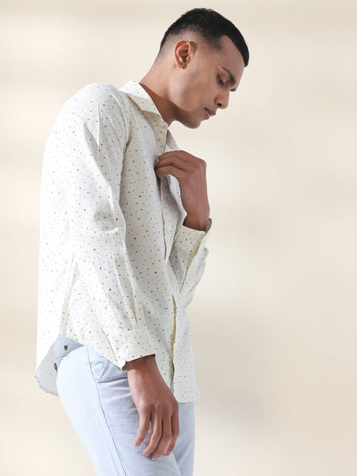 Cotton Linen Cream Printed Full Sleeve Formal Shirt