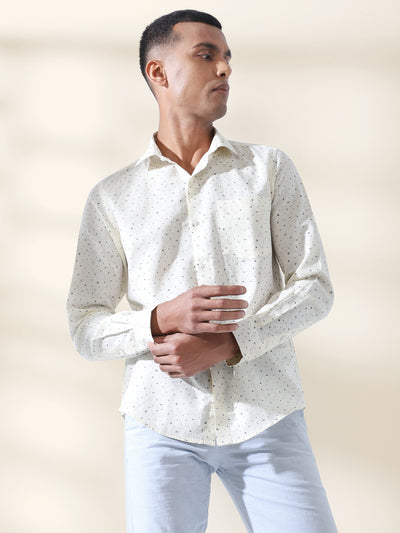 Cotton Linen Cream Printed Full Sleeve Formal Shirt