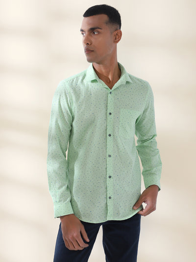 Cotton Linen Green Printed Full Sleeve Formal Shirt